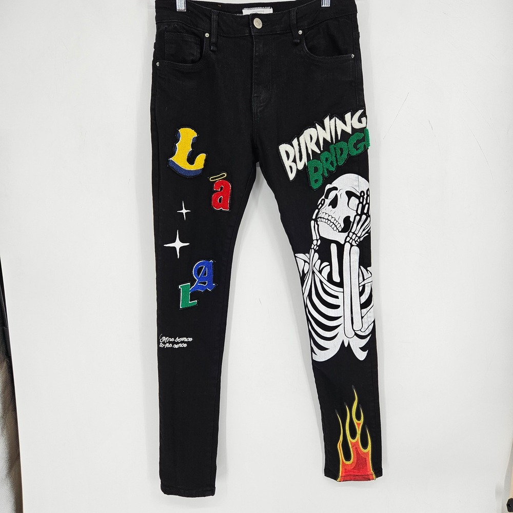 Lifted Anchors Jeans Mens 32 Slim Fit Pants Chenille‎ Patches Black Skeleton
